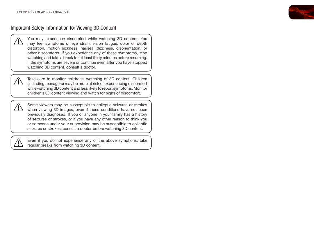 Vizio E3D420VX, E3D320VX, E3D470VX user manual Important Safety Information for Viewing 3D Content 