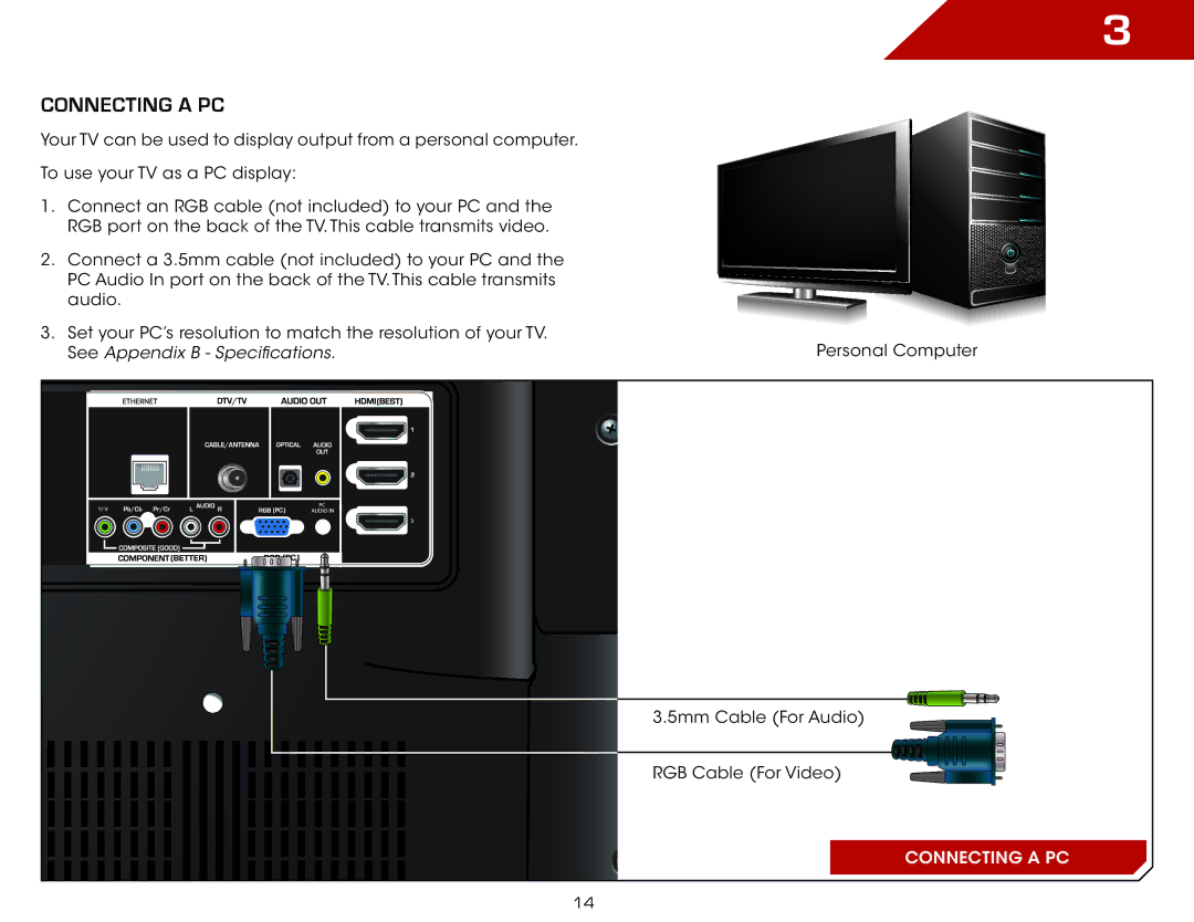 Vizio E3D320VX, E3D420VX, E3D470VX warranty Connecting a PC 