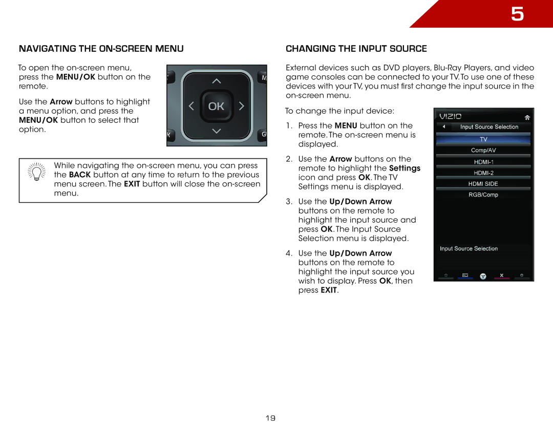 Vizio E3D470VX, E3D320VX, E3D420VX warranty Navigating the On-Screen Menu Changing the Input Source 