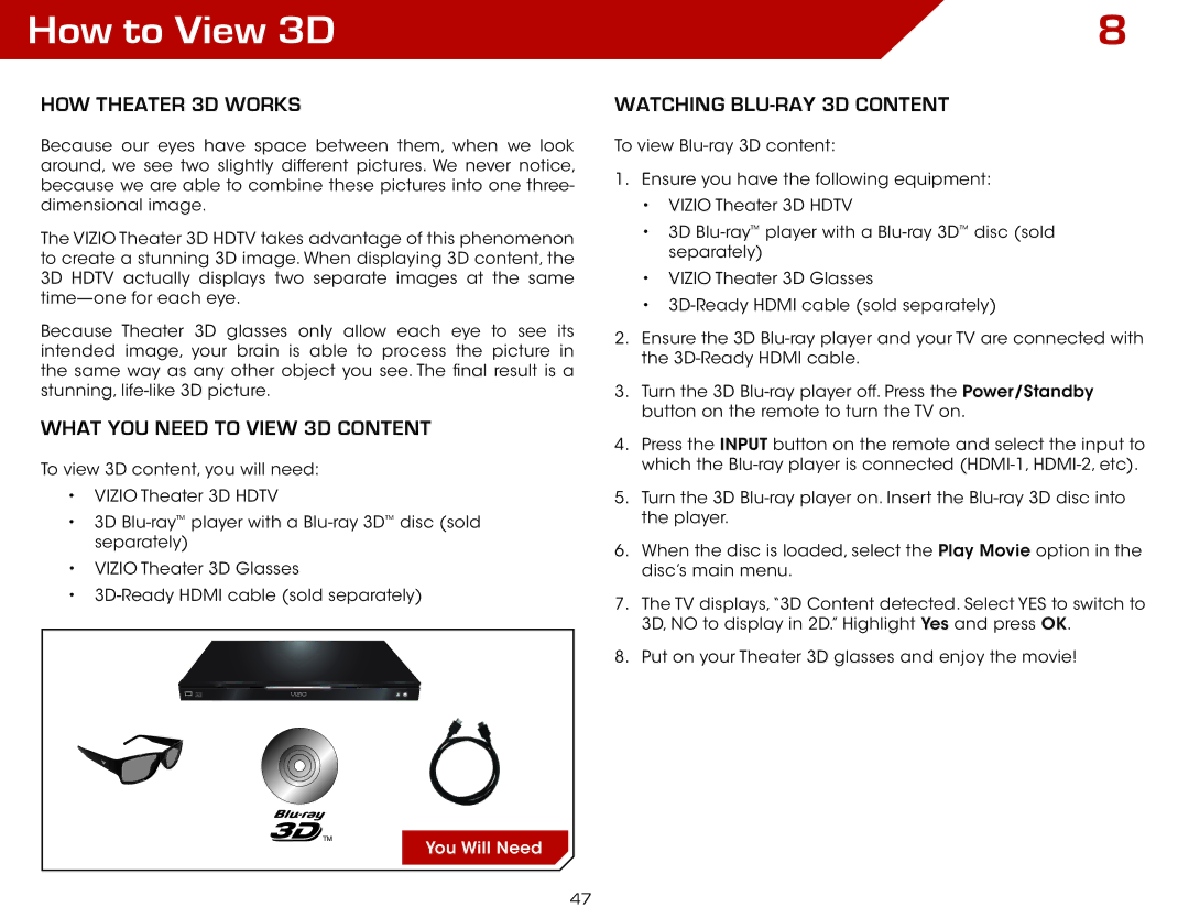 Vizio E3D320VX warranty How to View 3D, How Theater 3D Works, What You Need to View 3D Content, Watching Blu-ray 3D Content 