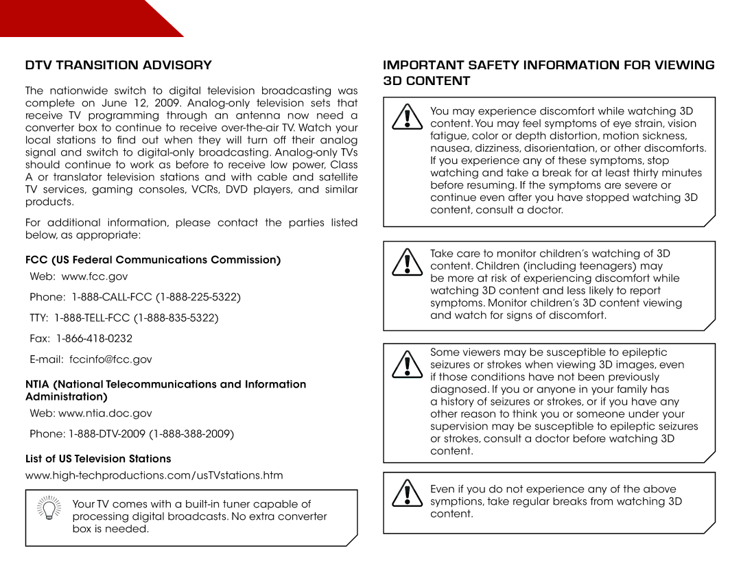 Vizio E3D320VX, E3D420VX, E3D470VX warranty DTV Transition Advisory, Important Safety Information for Viewing 3D Content 