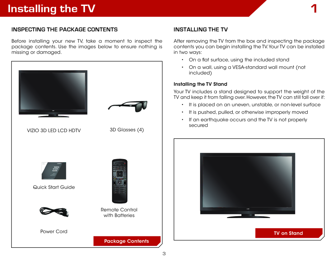 Vizio E3D420VX, E3D320VX, M3D650SV, E3D470VX warranty Installing the TV, Inspecting the Package Contents 