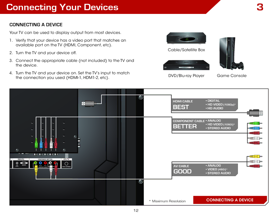 Vizio E3D470VX, E3D320VX, M3D650SV, E3D420VX warranty Connecting Your Devices, Connecting a Device 