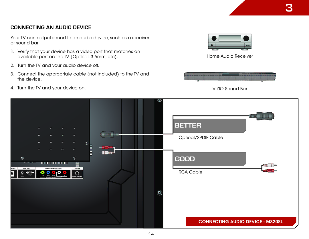 Vizio M3D650SV, E3D320VX, E3D420VX, E3D470VX warranty Good, Connecting an audio device 