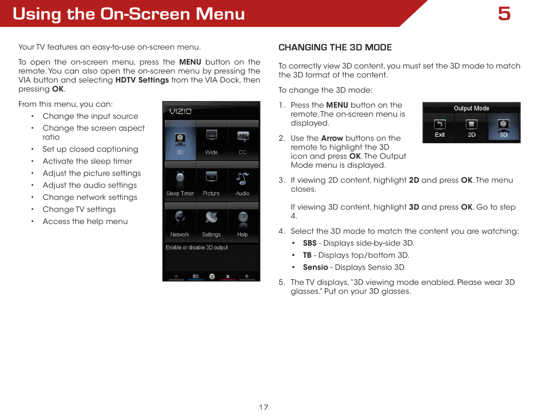 Vizio E3D320VX, M3D650SV, E3D420VX, E3D470VX warranty Using the On-Screen Menu, Changing the 3D Mode 