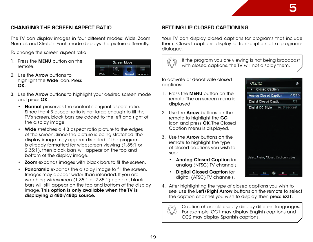 Vizio E3D420VX, E3D320VX, M3D650SV, E3D470VX warranty Changing the Screen Aspect Ratio, Setting Up Closed Captioning 