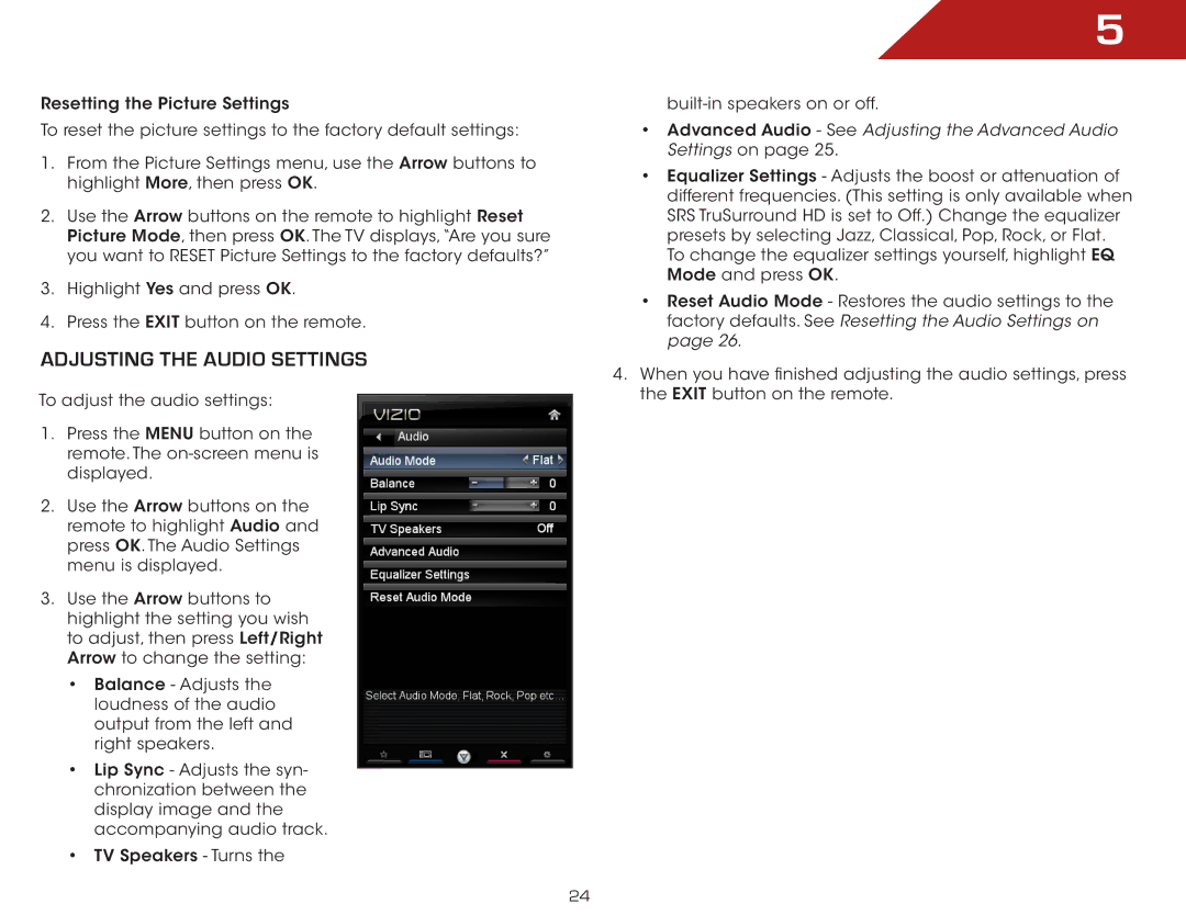 Vizio E3D470VX, E3D320VX warranty Adjusting the Audio Settings, Advanced Audio See Adjusting the Advanced Audio Settings on 