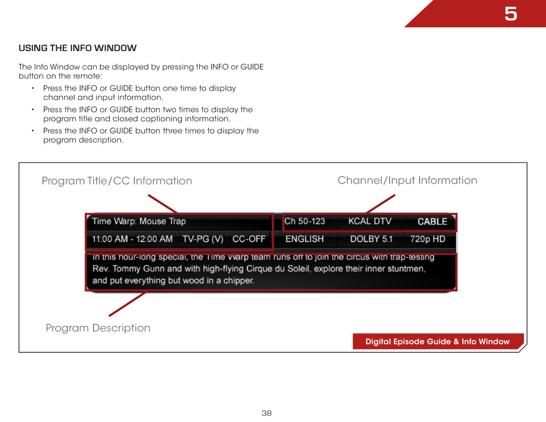 Vizio M3D650SV, E3D320VX, E3D420VX, E3D470VX warranty Using the Info Window 