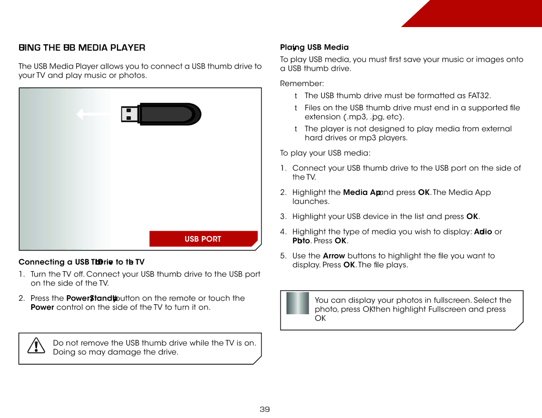 Vizio E3D420VX, E3D320VX, M3D650SV, E3D470VX warranty Using the USB Media Player 