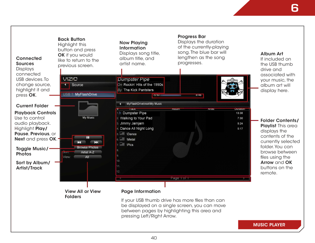 Vizio E3D470VX, E3D320VX, M3D650SV, E3D420VX warranty Music Player 