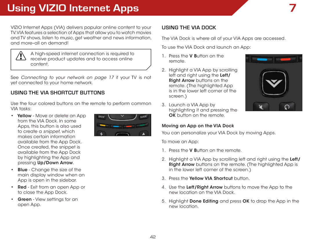 Vizio M3D650SV, E3D320VX, E3D420VX, E3D470VX Using Vizio Internet Apps, Using the VIA Shortcut Buttons, Using the VIA Dock 