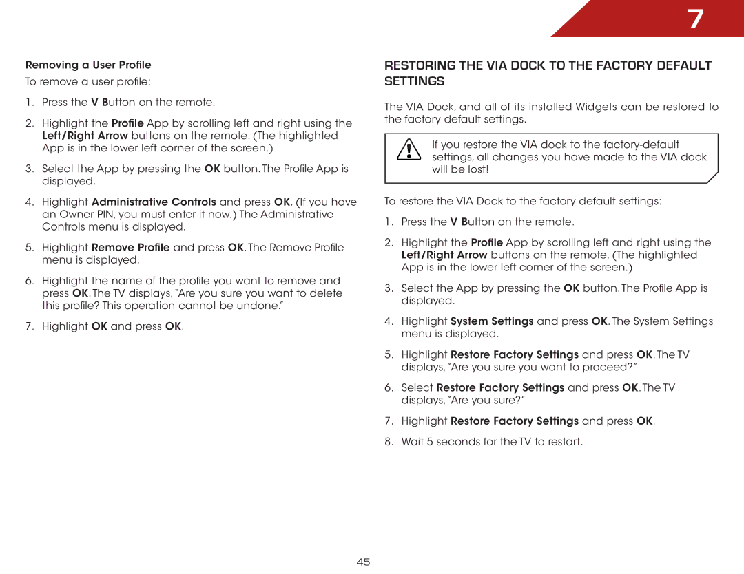 Vizio E3D320VX, M3D650SV, E3D420VX, E3D470VX warranty Restoring the VIA Dock to the Factory Default Settings 