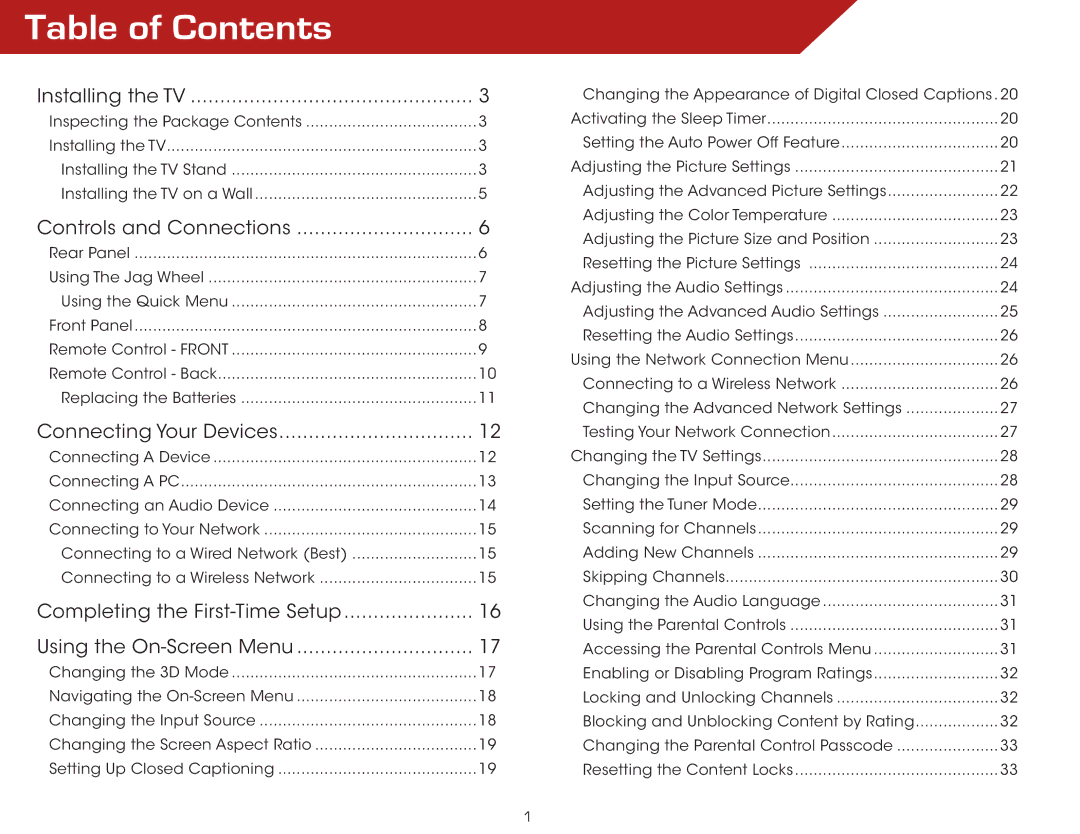 Vizio E3D320VX, M3D650SV, E3D420VX, E3D470VX warranty Table of Contents 