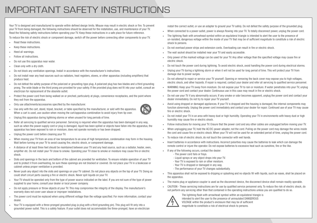 Vizio E3D320VX quick start Important Safety Instructions, Unplug the power cord before cleaning your TV 