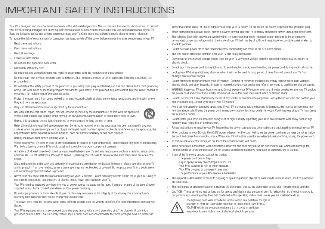 Vizio E3D420VX, E3D470VX manual Important Safety Instructions, Unplug the power cord before cleaning your TV 