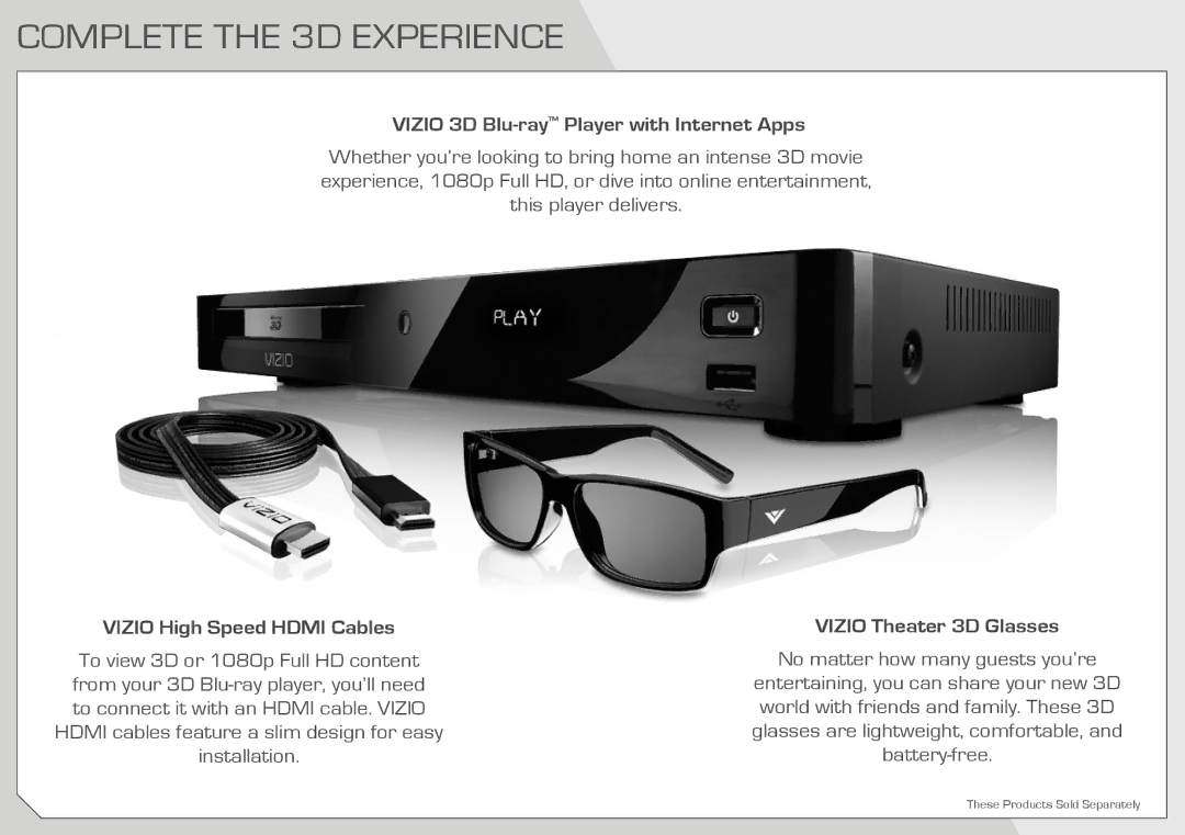 Vizio E3D420VX, E3D470VX manual Complete the 3D Experience, Vizio 3D Blu-rayPlayer with Internet Apps 