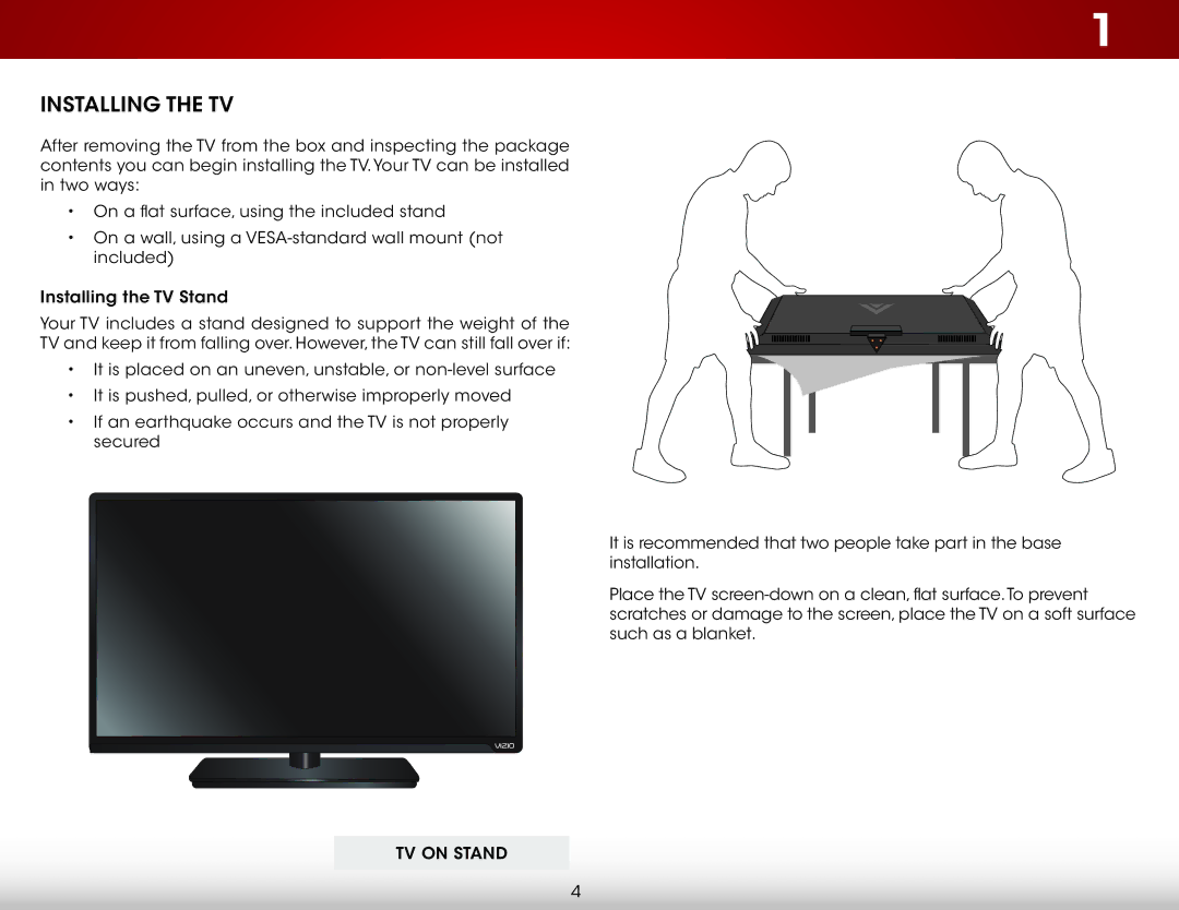 Vizio E400i-B2, E320i-B2 user manual Installing the TV, TV on Stand 