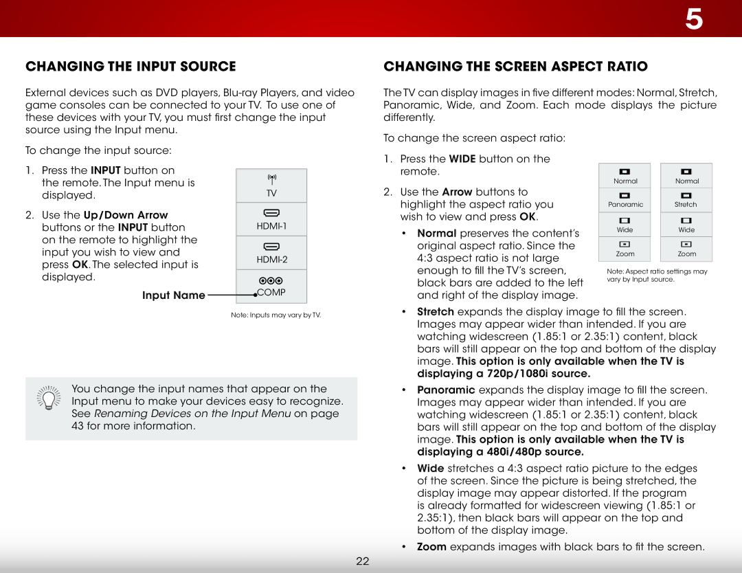 Vizio E400i-B2, E320i-B2 user manual Changing the Input Source, Changing the Screen Aspect Ratio 