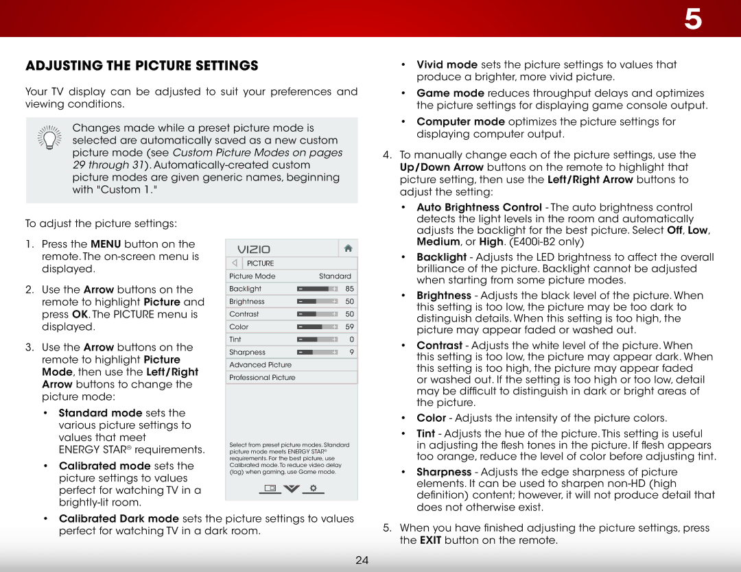 Vizio E400i-B2, E320i-B2 user manual Adjusting the Picture Settings 