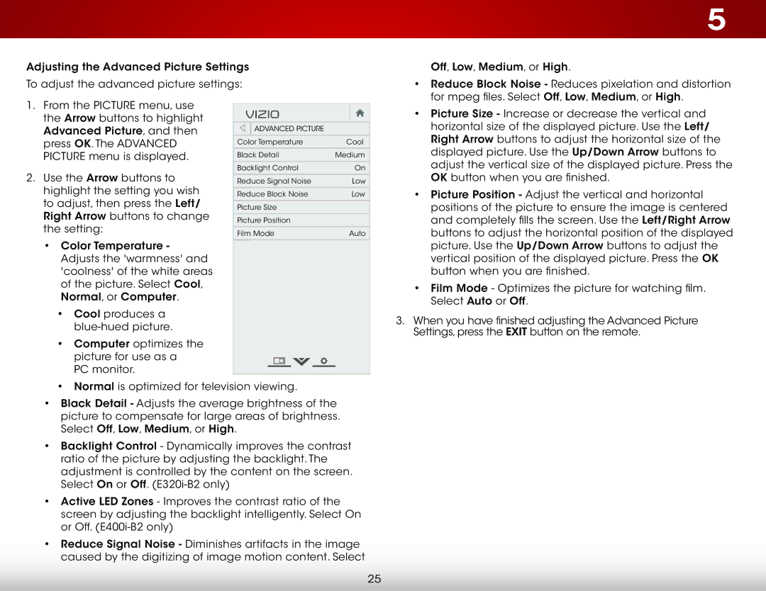 Vizio E320i-B2, E400i-B2 user manual Arrow buttons to highlight Advanced Picture, and then 