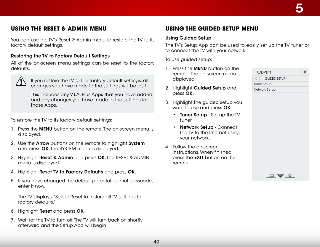 Vizio E320i-B2, E400i-B2 user manual Using the Reset & Admin Menu, Using the Guided Setup Menu 