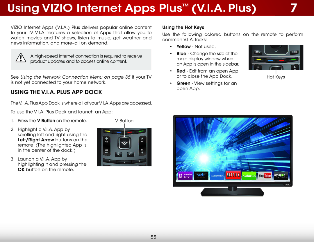 Vizio E320i-B2, E400i-B2 user manual Using Vizio Internet Apps Plus V.I.A. Plus, Using the V.I.A. Plus APP Dock 