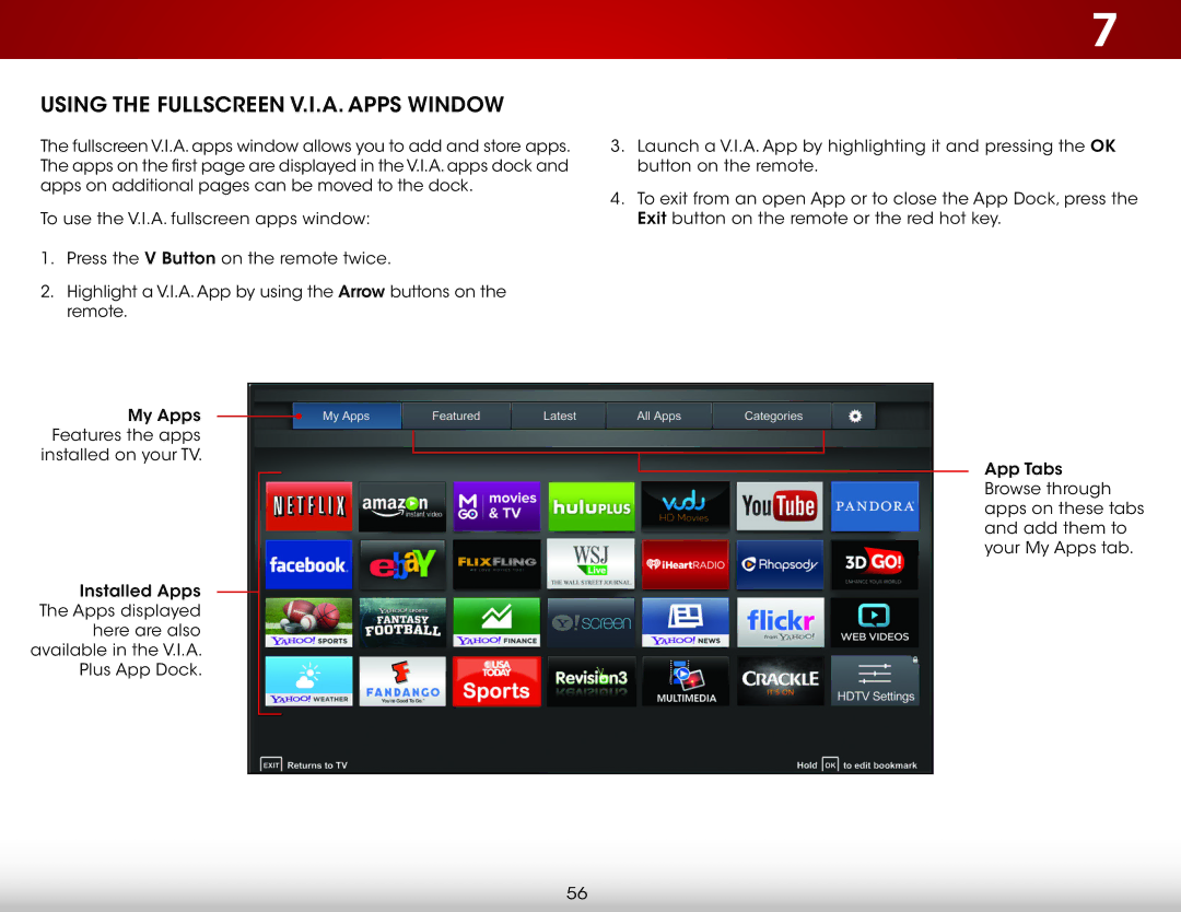 Vizio E400i-B2, E320i-B2 user manual Using the Fullscreen V.I.A. Apps Window 