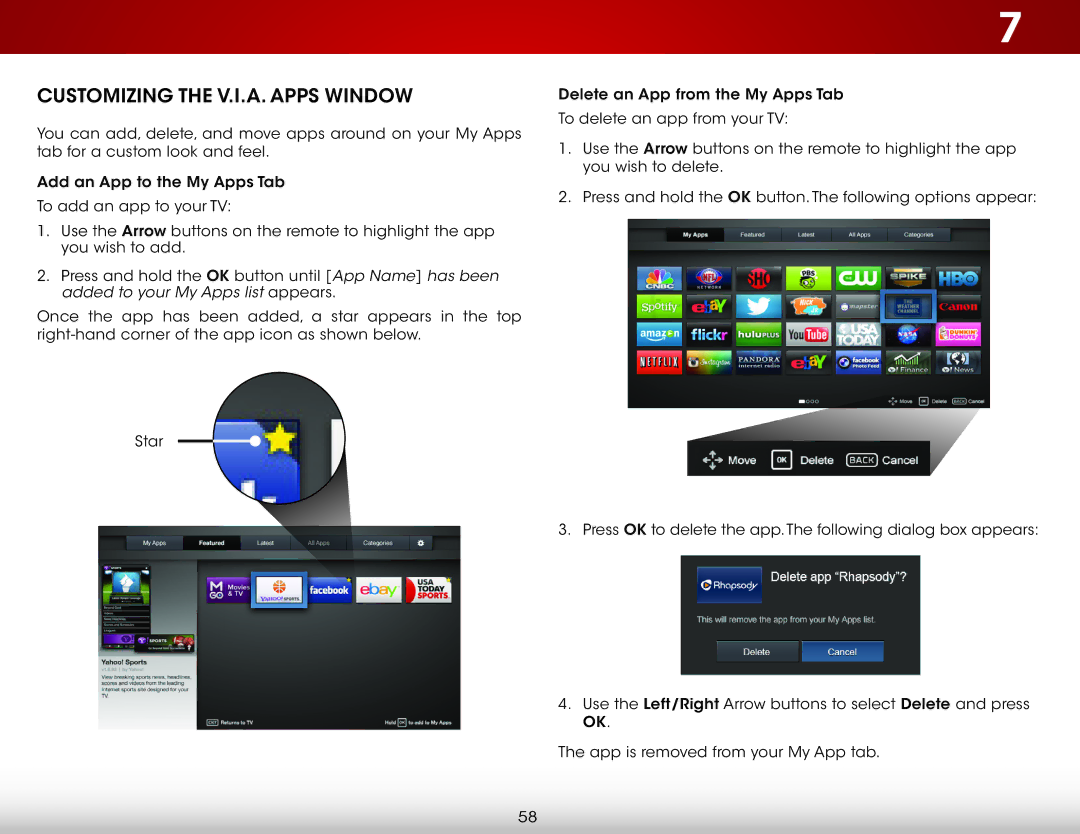 Vizio E400i-B2, E320i-B2 user manual Customizing the V.I.A. Apps Window 