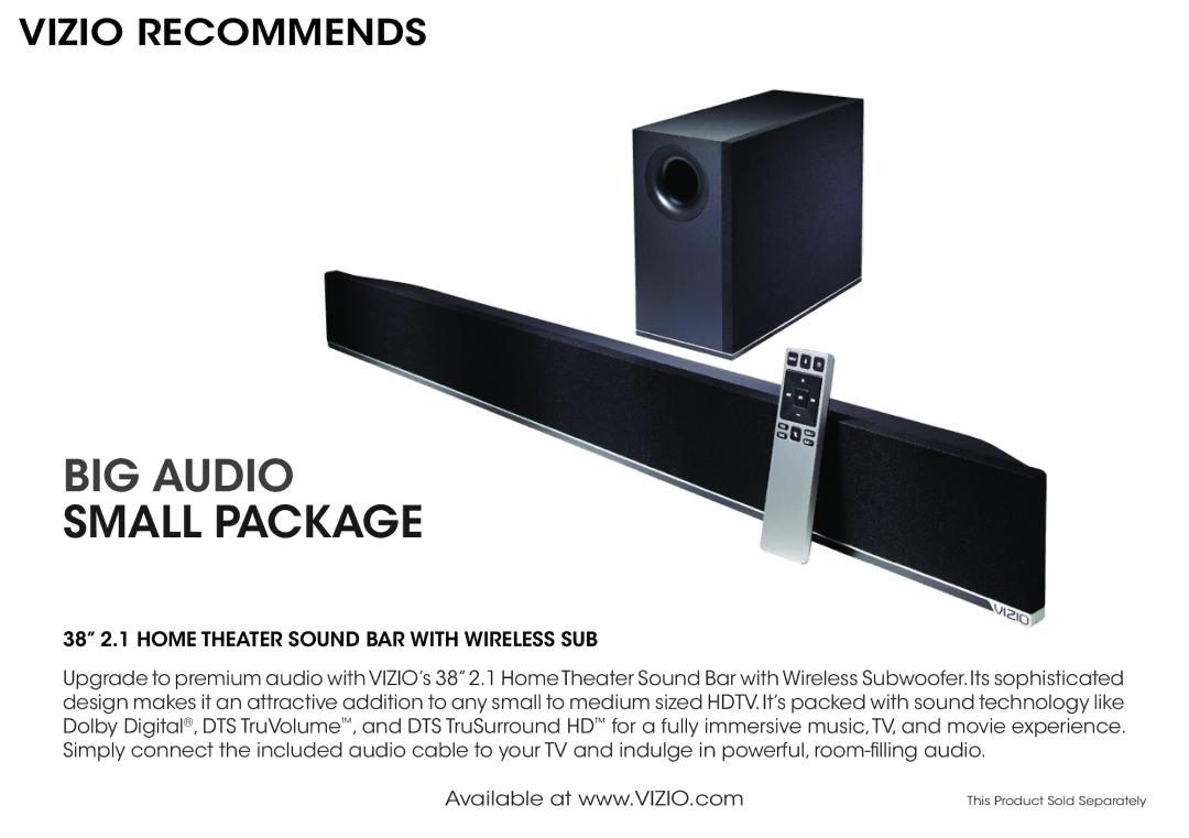 Vizio E400i-B2 quick start BIG Audio, Vizio Recommends 