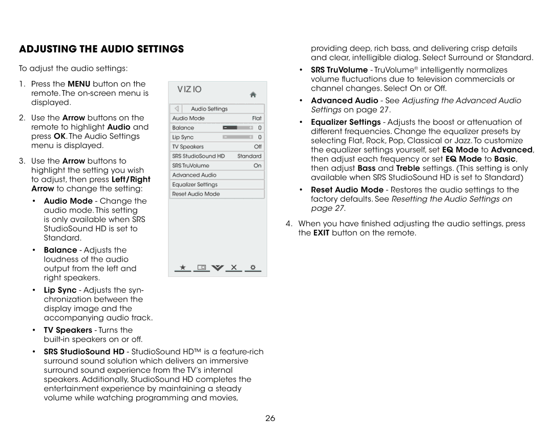 Vizio E401IA2 user manual Adjusting the Audio Settings, Advanced Audio See Adjusting the Advanced Audio 