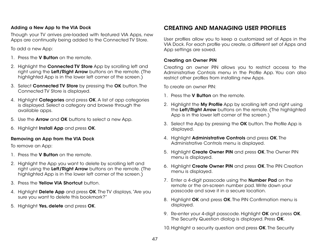 Vizio E401IA2 user manual Creating and Managing User Profiles 