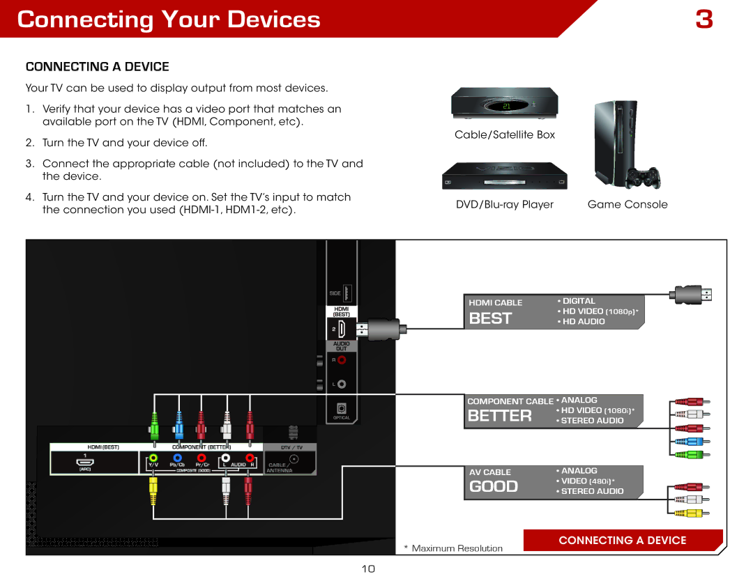 Vizio E420-A0, E420A0 manual Connecting Your Devices, Connecting a Device 