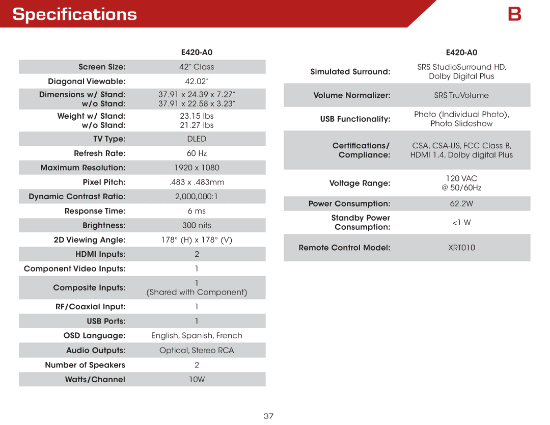 Vizio E420A0, E420-A0 manual Specifications 