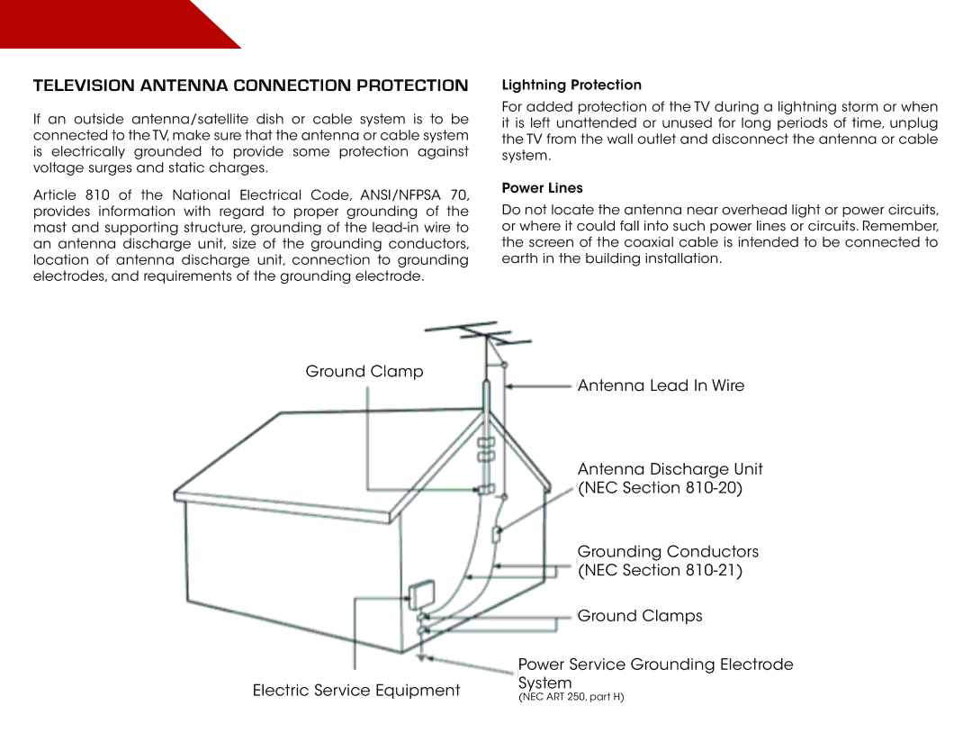 Vizio E420-A0, E420A0 manual Television Antenna Connection Protection 