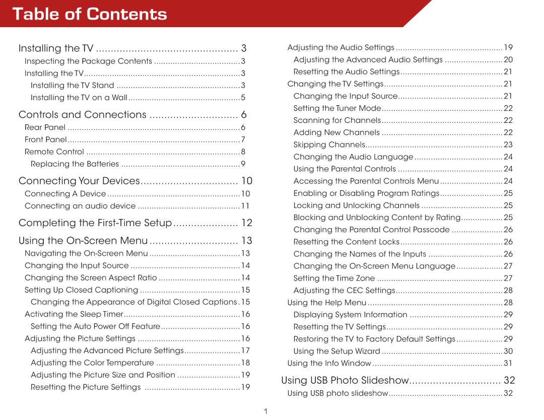 Vizio E420A0, E420-A0 manual Table of Contents 