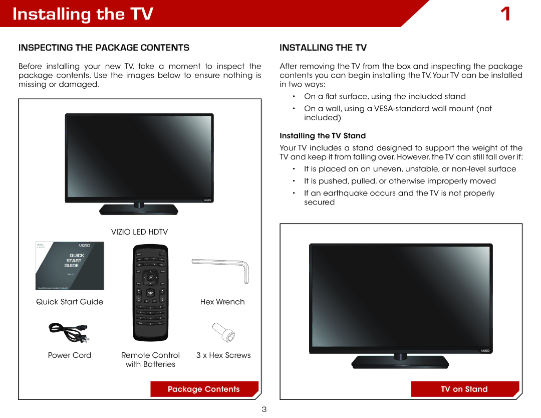 Vizio E420A0, E420-A0 manual Installing the TV, Inspecting the Package Contents 