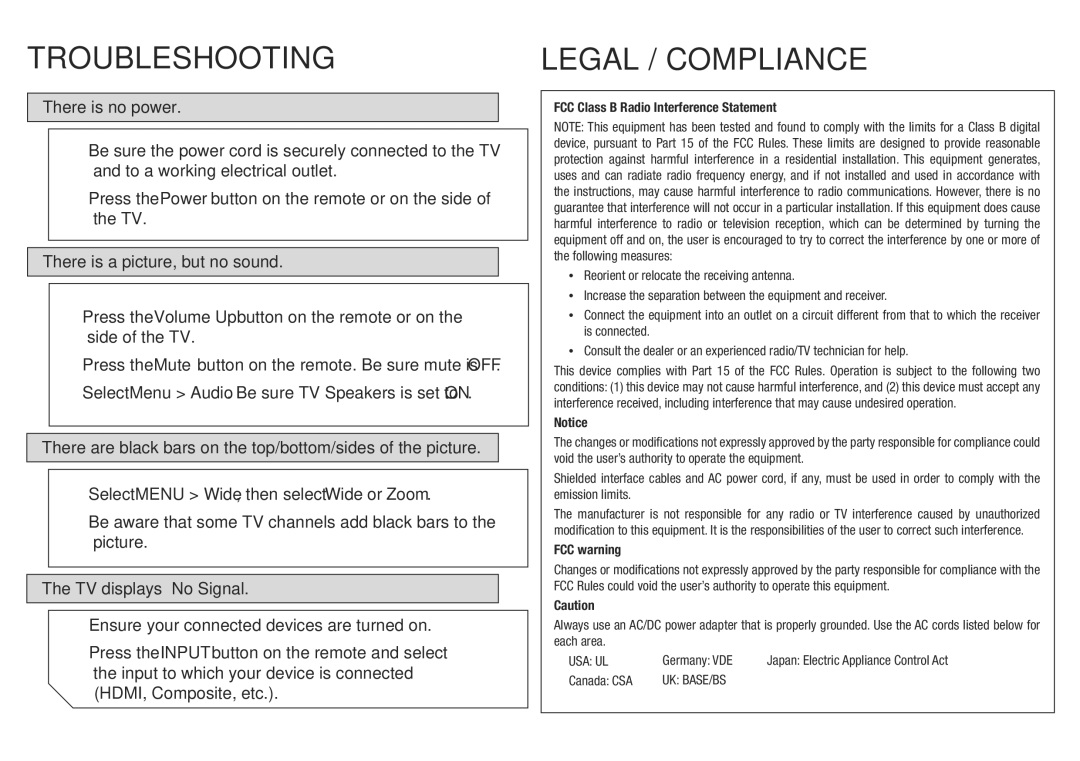 Vizio E420-A0 quick start Troubleshooting, Legal / Compliance 