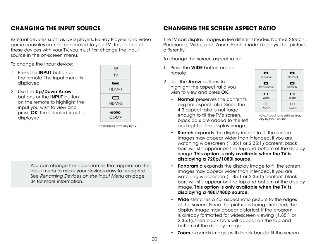 Vizio E420-B1 user manual Changing the Input Source, Changing the Screen Aspect Ratio 