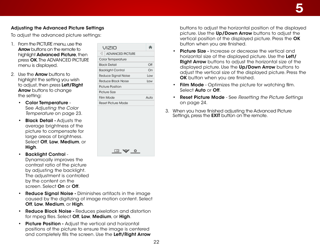 Vizio E420-B1 user manual Reset Picture Mode See Resetting the Picture Settings on 