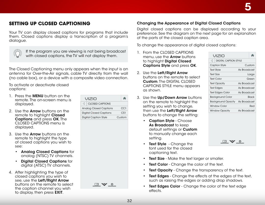 Vizio E420-B1 user manual Setting Up Closed Captioning 