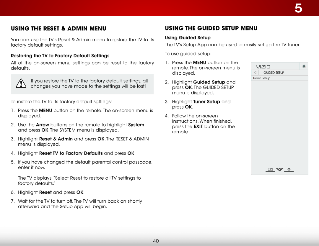 Vizio E420-B1 user manual Using the Reset & Admin Menu, Using the Guided Setup Menu 