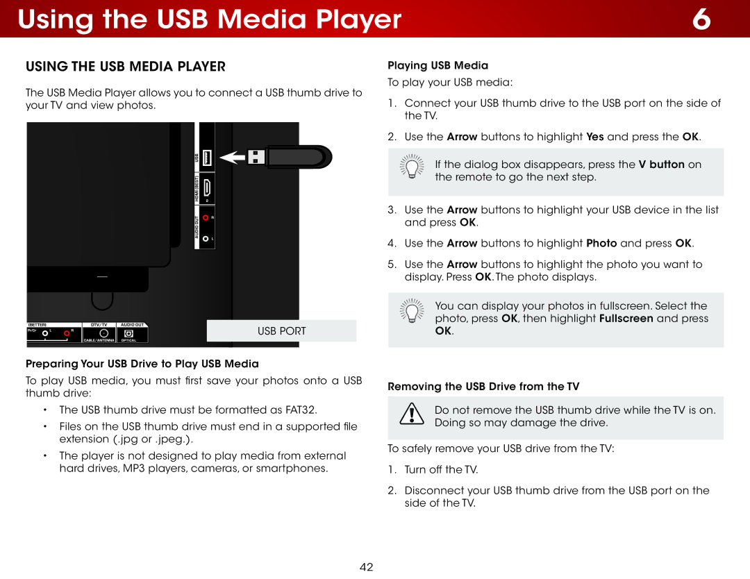 Vizio E420-B1 user manual Using the USB Media Player, USB Port 