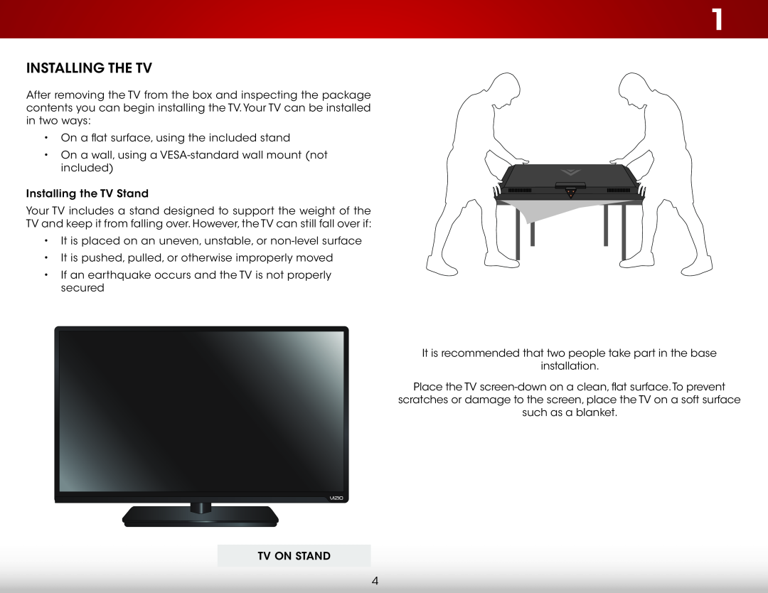 Vizio E420-B1 user manual Installing the TV 