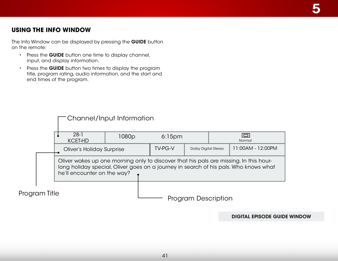 Vizio E420-B1 Using the Info Window, 1080p, 615pm, Channel/Input Information, Program Title, Program Description 