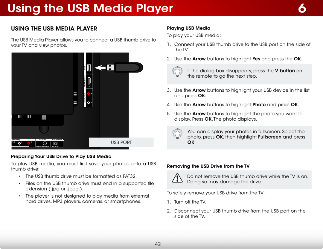 Vizio E420-B1 user manual Using the USB Media Player 