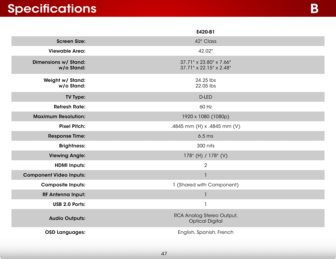 Vizio E420-B1 user manual Specifications 