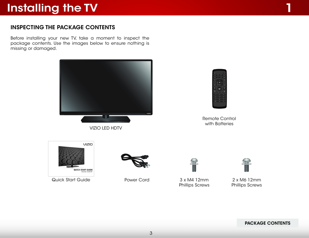 Vizio E420-B1 user manual Installing the TV, Inspecting the Package Contents 