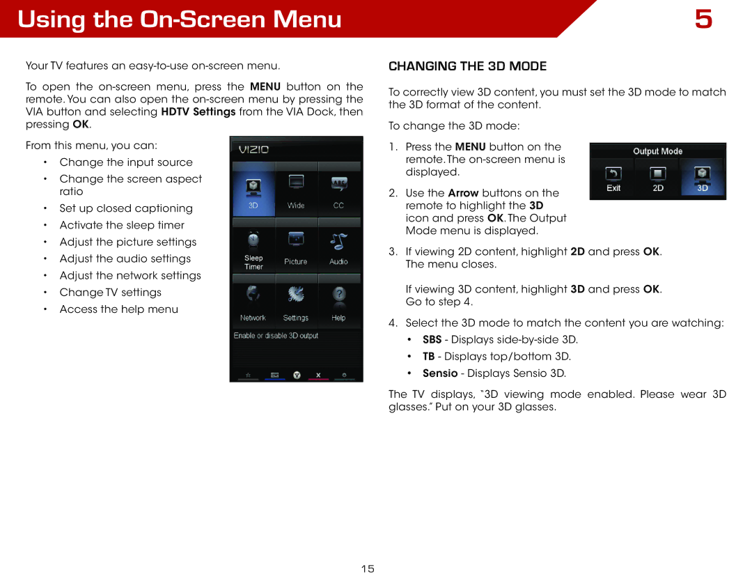 Vizio E420DA0 warranty Using the On-Screen Menu, Changing the 3D Mode 