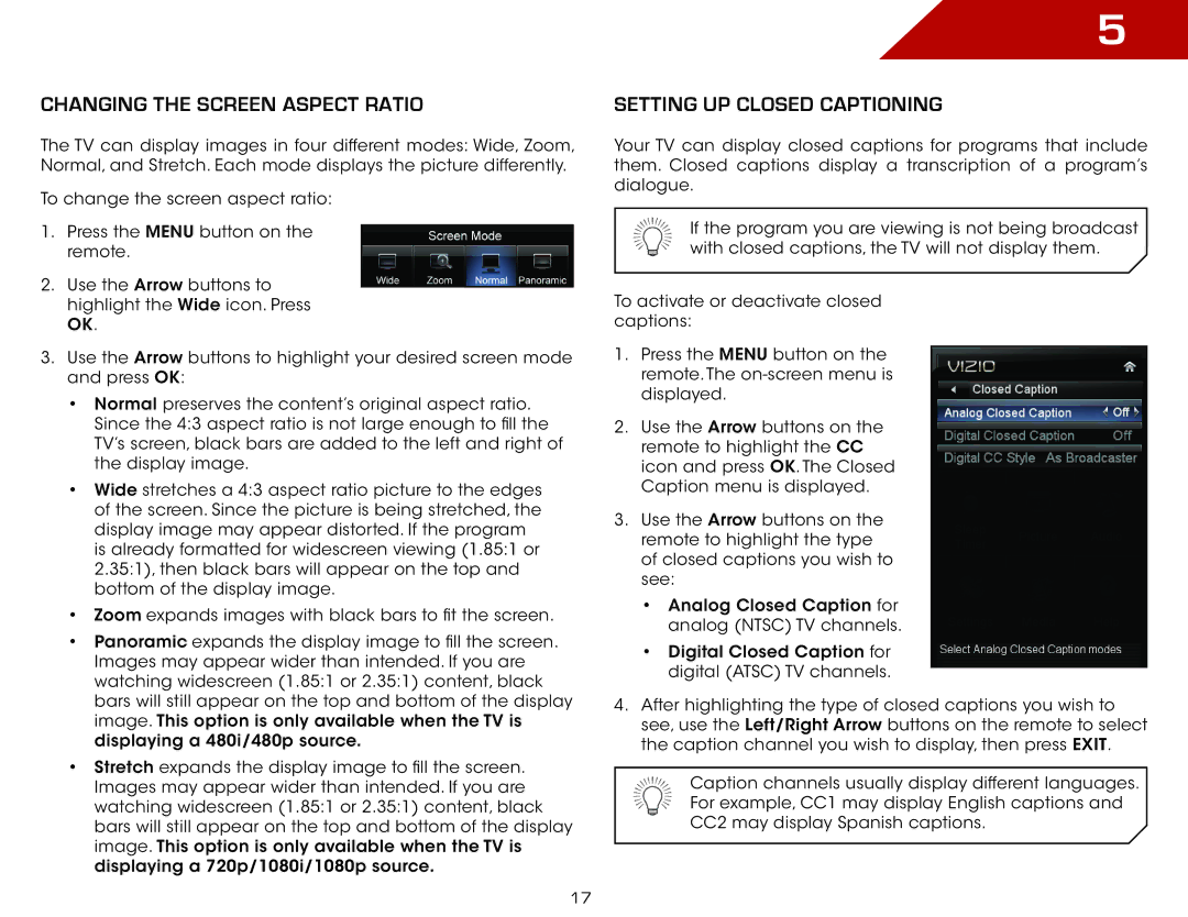 Vizio E420DA0 warranty Changing the Screen Aspect Ratio, Setting Up Closed Captioning 