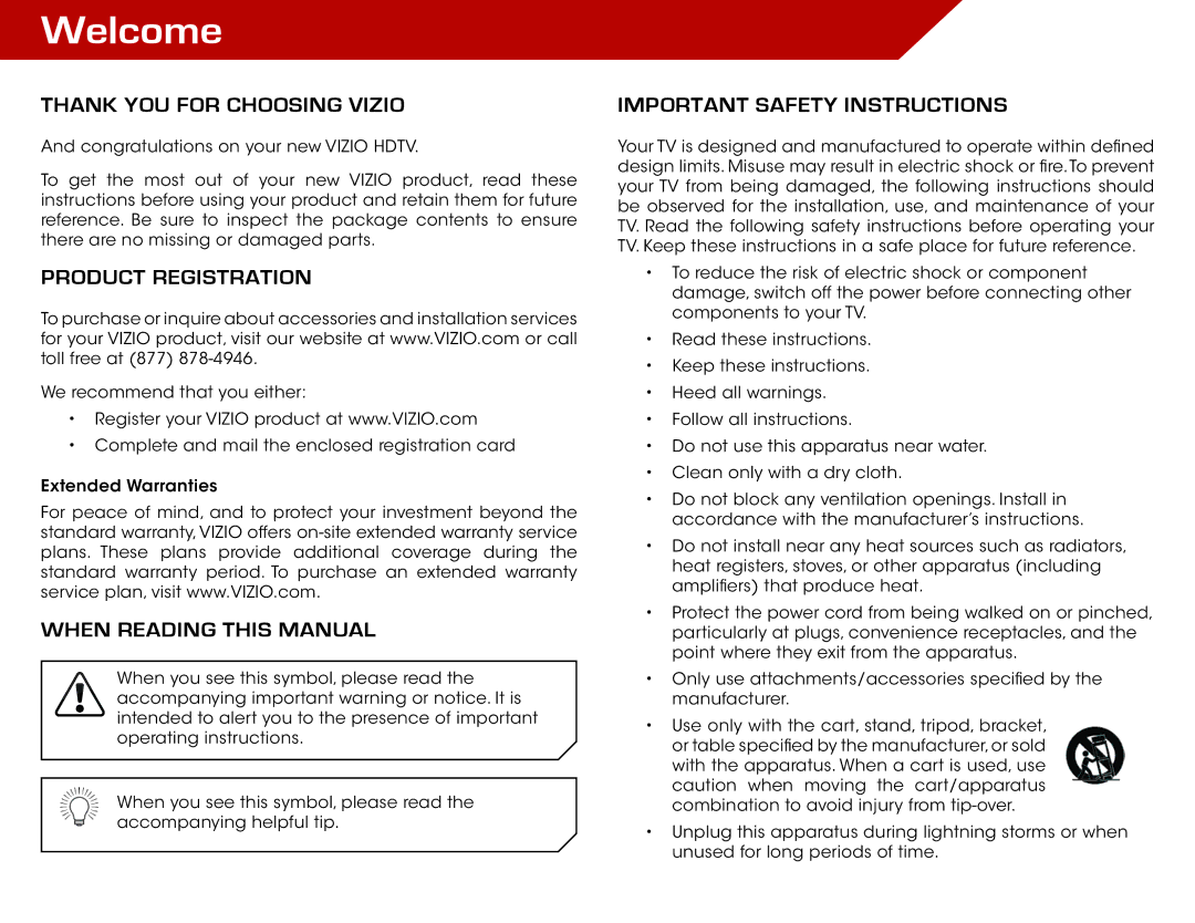 Vizio E420DA0 warranty Welcome, Thank You for Choosing Vizio, Product Registration, When Reading this Manual 